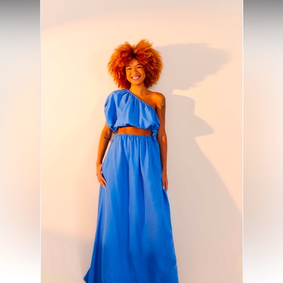 Solid Blue One Shoulder dress w/an open waist & asymmetrical neck. Comfort&Style - Picture 1 of 1